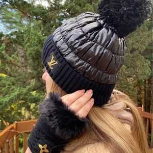 Black sheen quilted Pom beanie